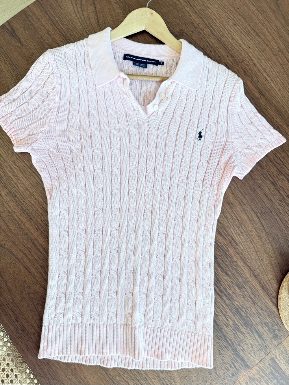 Ralph Lauren Sport Pink Cable Knit Collared Polo Sweater 100% Cotton Size L Rare - Picture 3 of 8